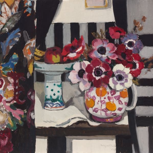 A painting of a still life with flowers on a table