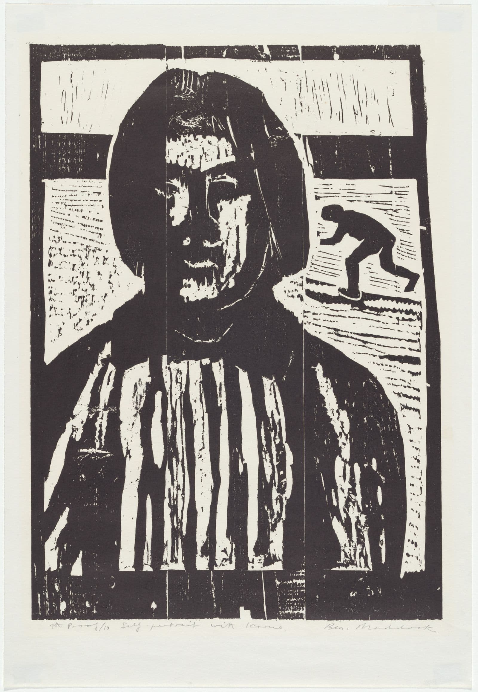 Woodcut print of a woman with a small picture of a man behind him