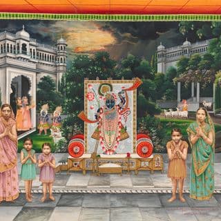 manorath Sri Nathji. Female devotees before Srinathji, and Krishna lila in the background