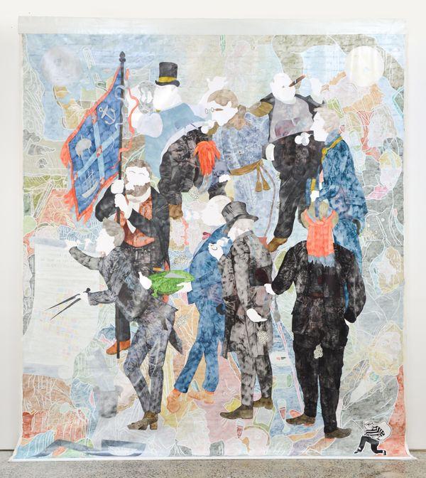 Colourful  and washed out colonial figures fill the scene, holding flags, gesticulating - they are transposed over a map. There is a small black and white figure of a thief making a getaway with his sack in the bottom right hand corner.