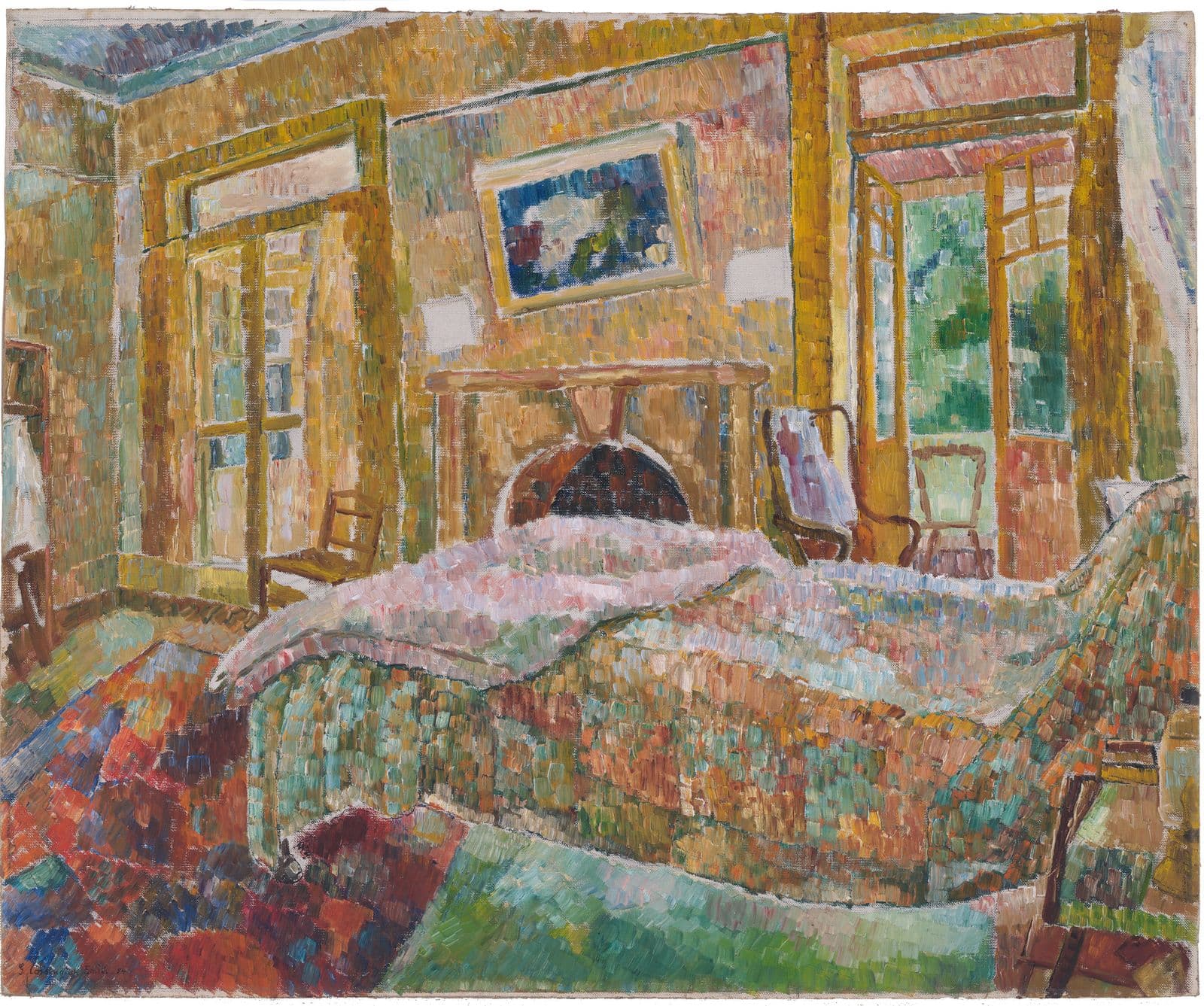 Impressionistic painting of the interior of a bedroom painted with short, multicoloured strokes