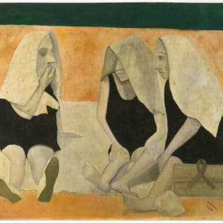 A painting of three figures sitting and engaging with one another.