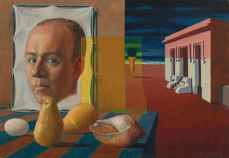A portrait of a man to the left while a figure walks into the distance on the right