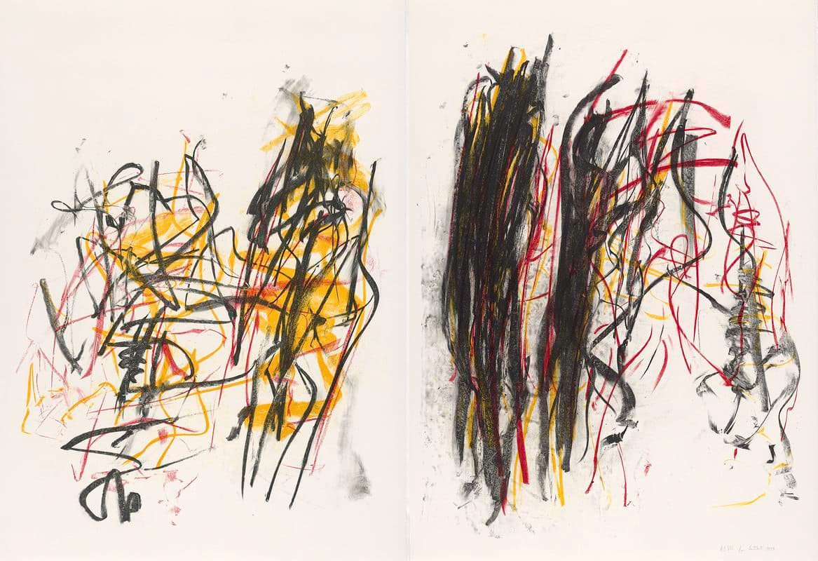 Abstract painting of yellow, black, and red.