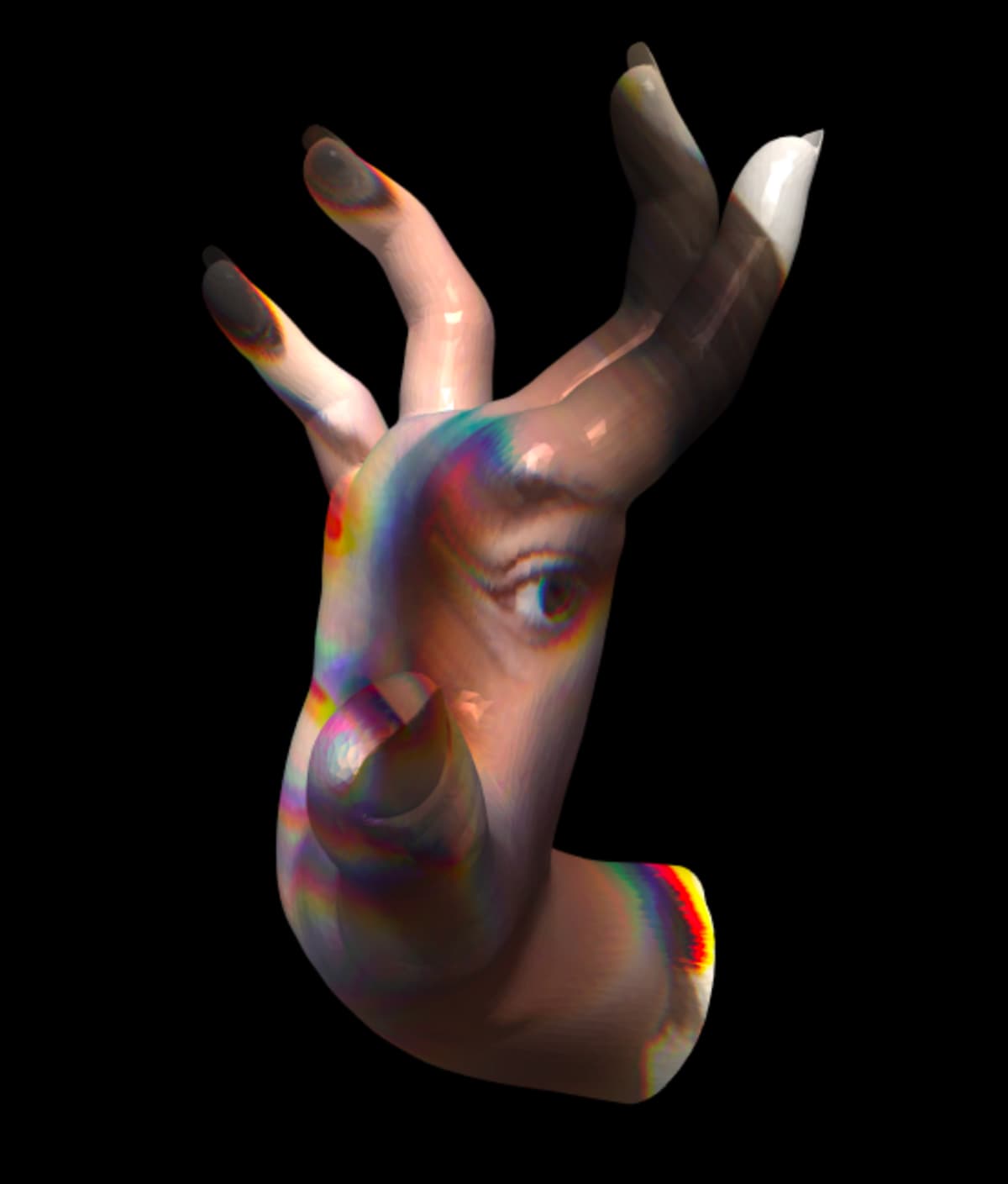 A digital hand with an image of a face projected onto it