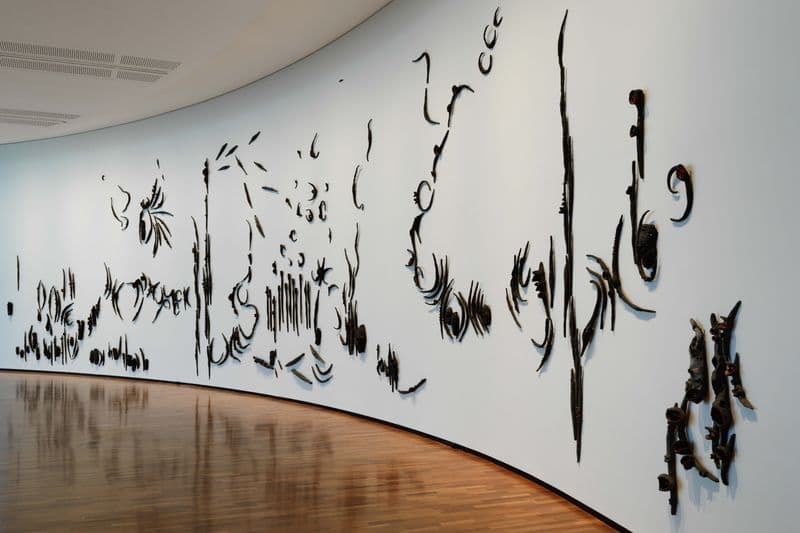 A collection black clay banksia artworks displayed across a huge gallery wall