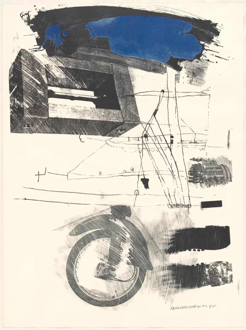 Abstract print of blue and black on cream paper