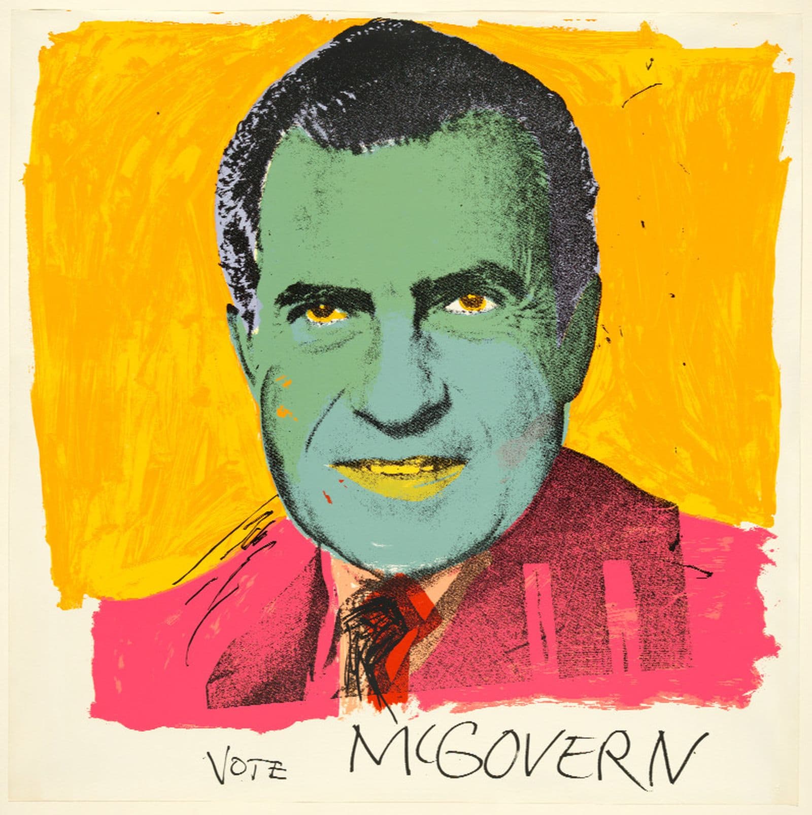 A print of Richard Nixon in blue, red, and yellow with the words "vote MCGOVERN" below