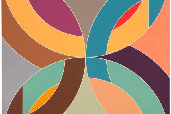 A multi-colour painting of four semi-circular arcs arranged in a floral geometric pattern