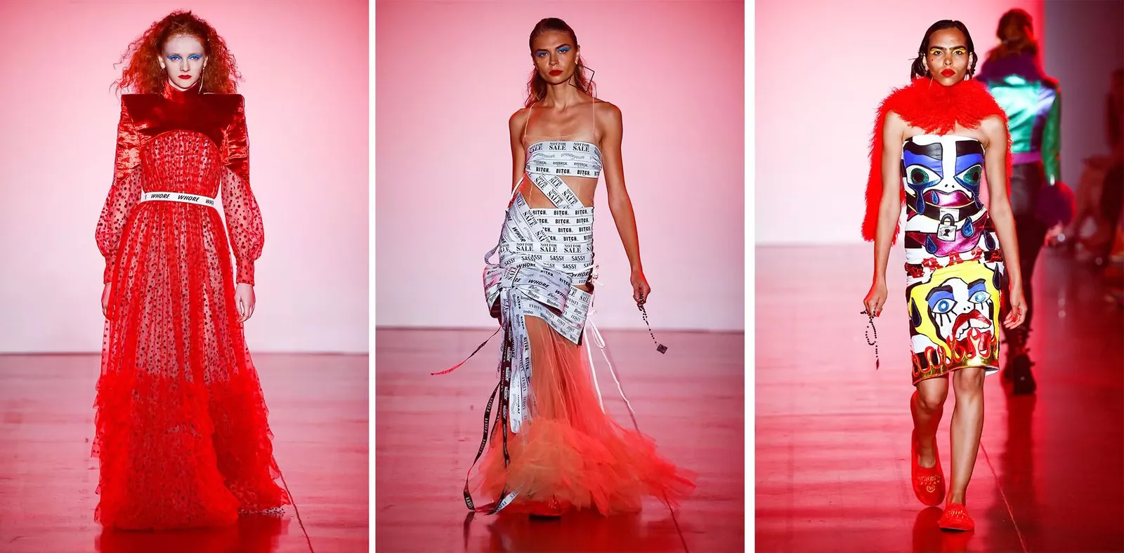 Compilation of three photos of models walking down the runway