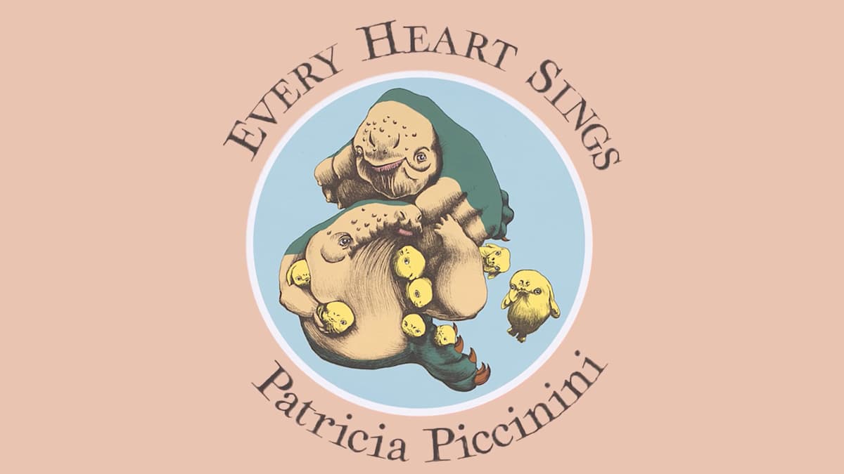 Video still of a graphic with the Skywhales and text reading Every Heart Sings Patricia Piccinini