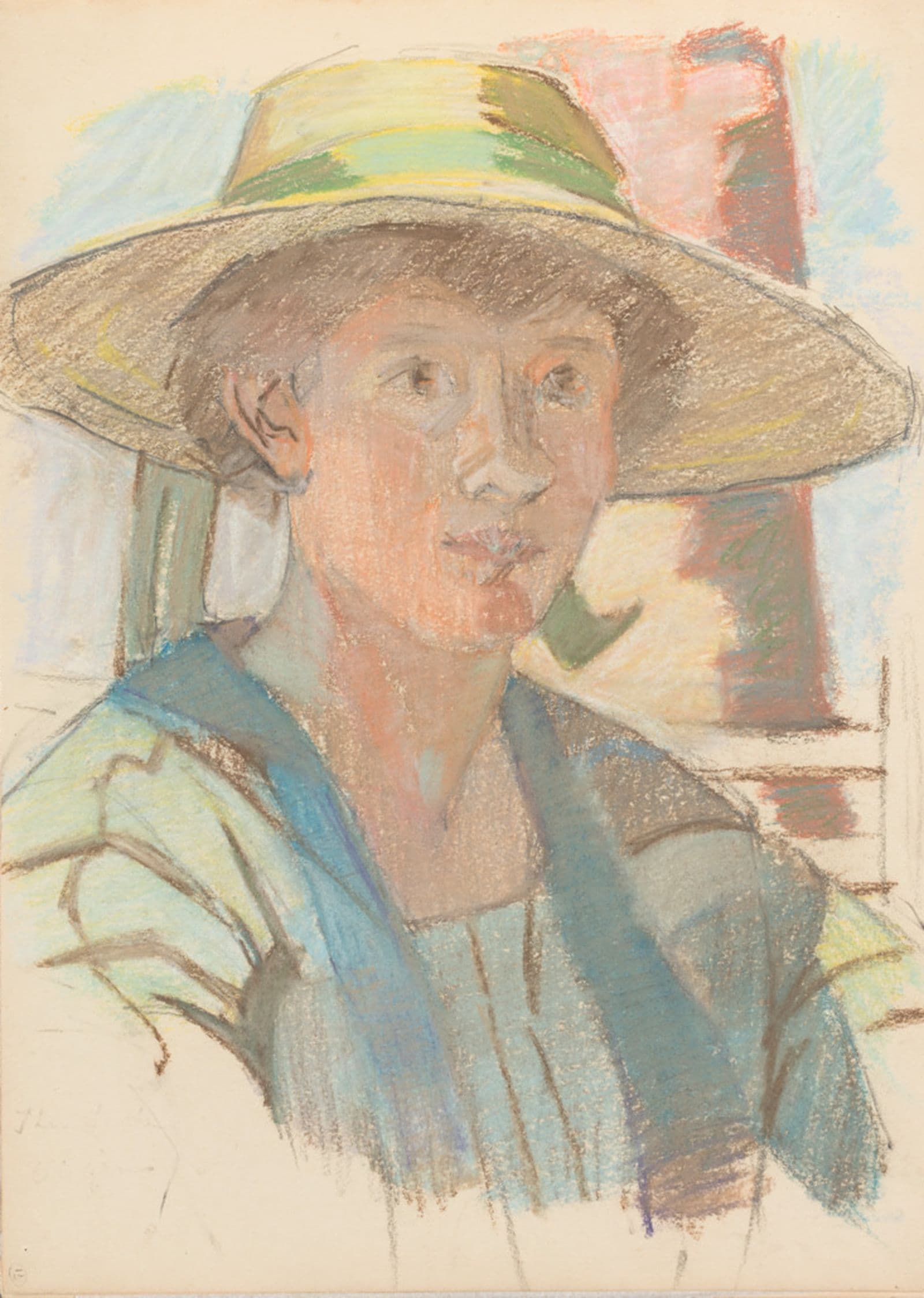 A sketch of a woman in a woven hat