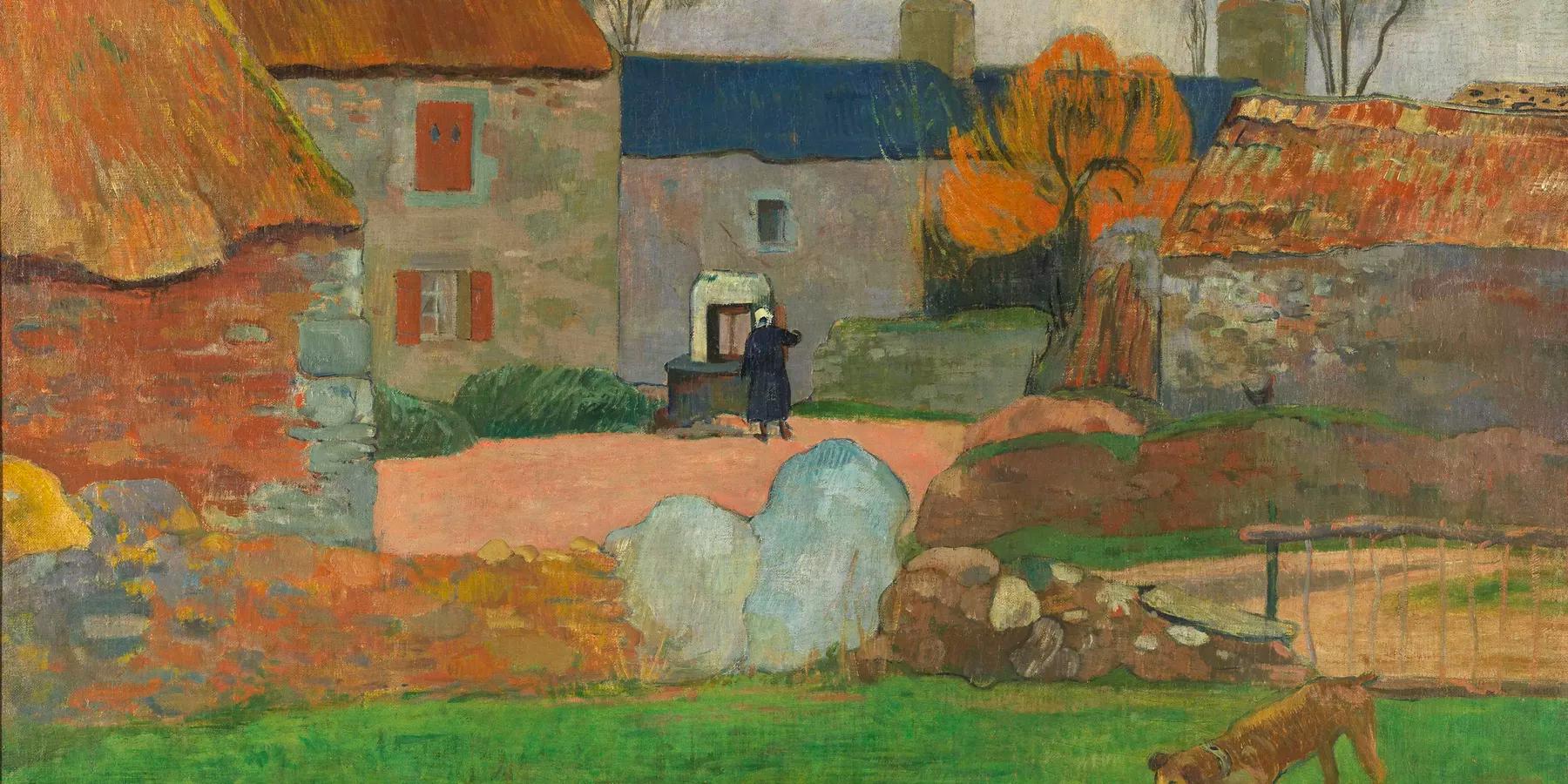 Painting of houses in a Breton village with a woman standing by a well in the centre.