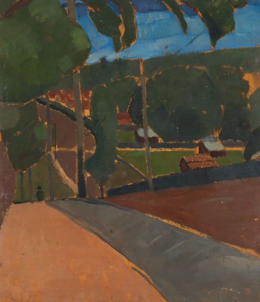 An abstract painting of a street and trees