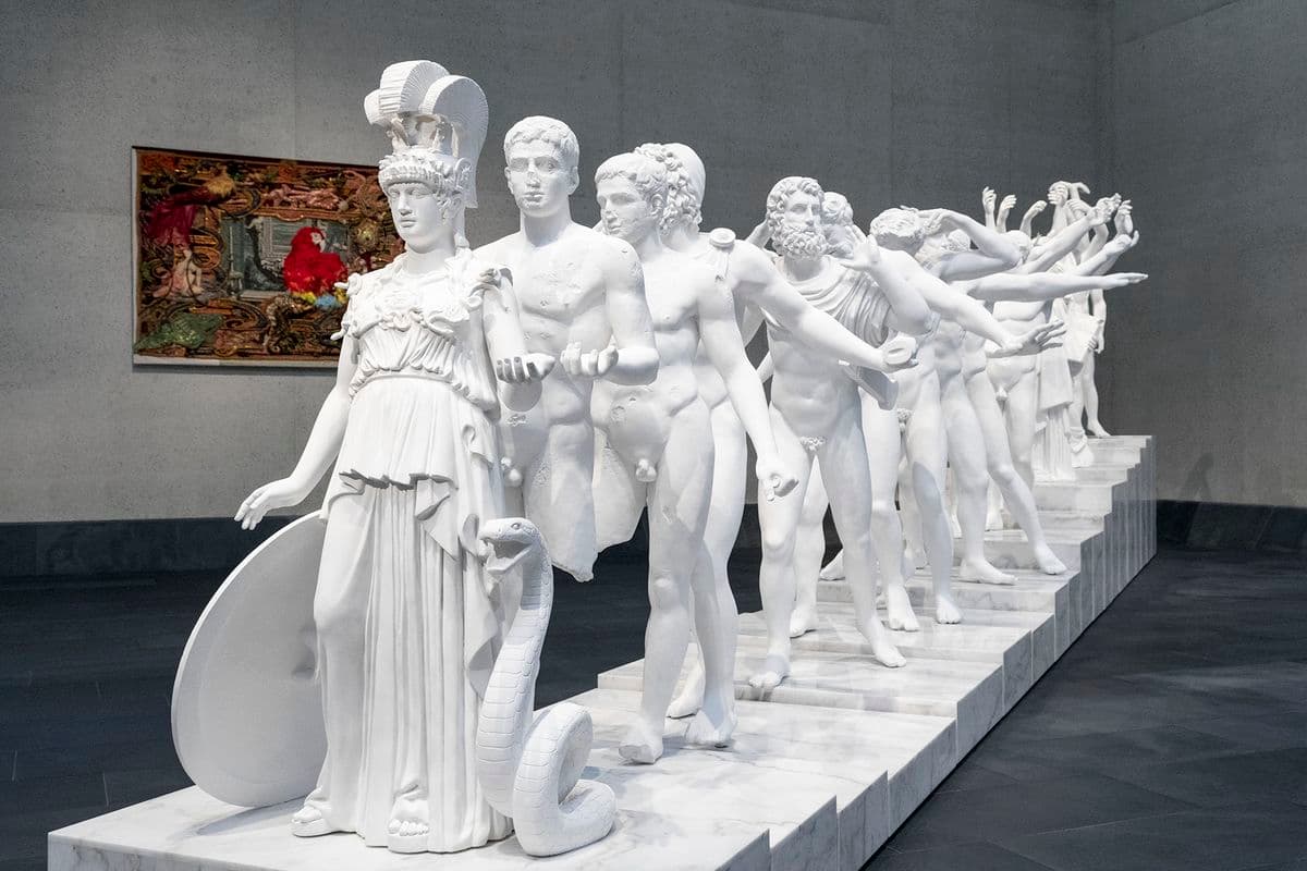 A row of sculptures in white stone