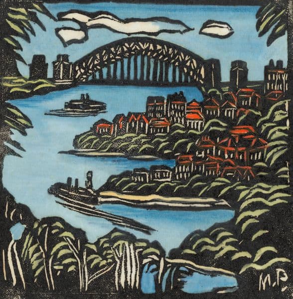 A woodcut depicting a scene of Sydney Bridge