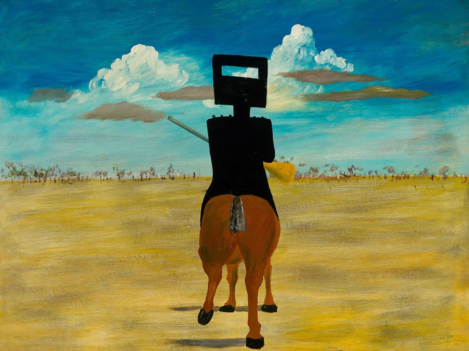 figure wearing armour sitting atop a brown horse in dry landscape with blue sky
