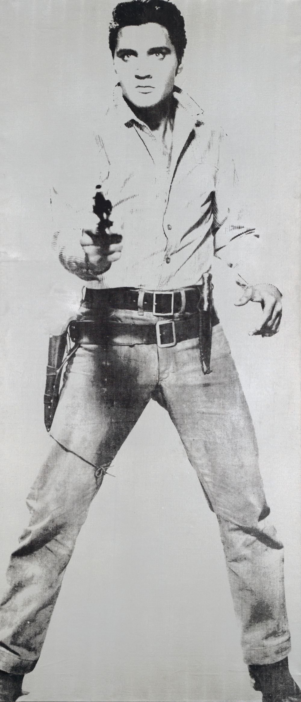A black and white print of Elvis pointing a gun