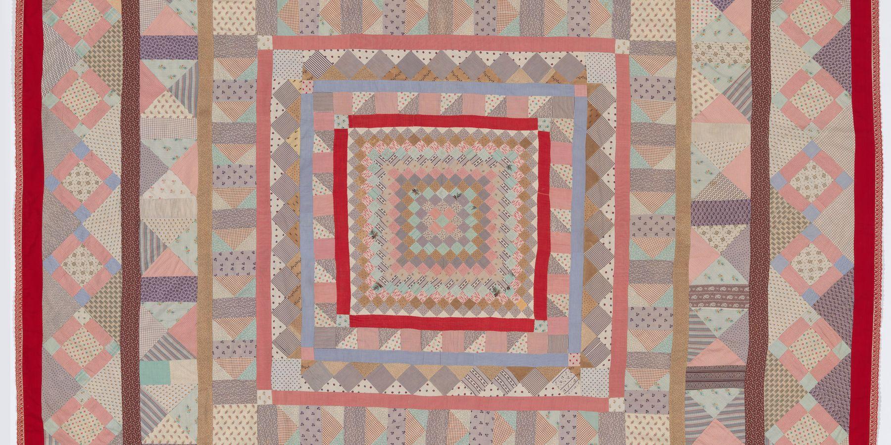 Mary Ann Bruton, Quilt, 1873-87, Red Quilt pieced medallion style: cotton twill and braid, fine plain weave printed cotton (lining), cotton thread; machine appliquéd, hand and machine stitched, 238 h cm, 222 w cm, National Gallery of Australia, Kamberri/Canberra, purchased 1990