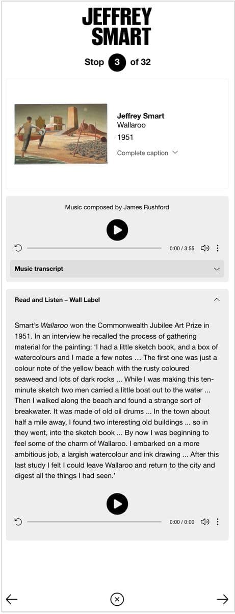 A screenshot of a 'stop' on an audio tour app, showing an image of a work of art and caption, with two audio players below, demonstrating how people can listen to accompanying music and a narration of the wall label