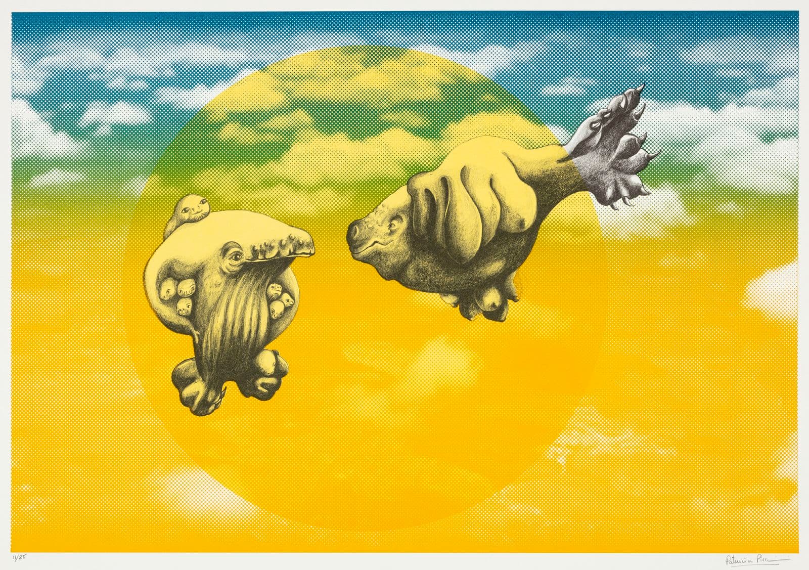 pencil drawing of two skywhale sculptures on a brightly printed background