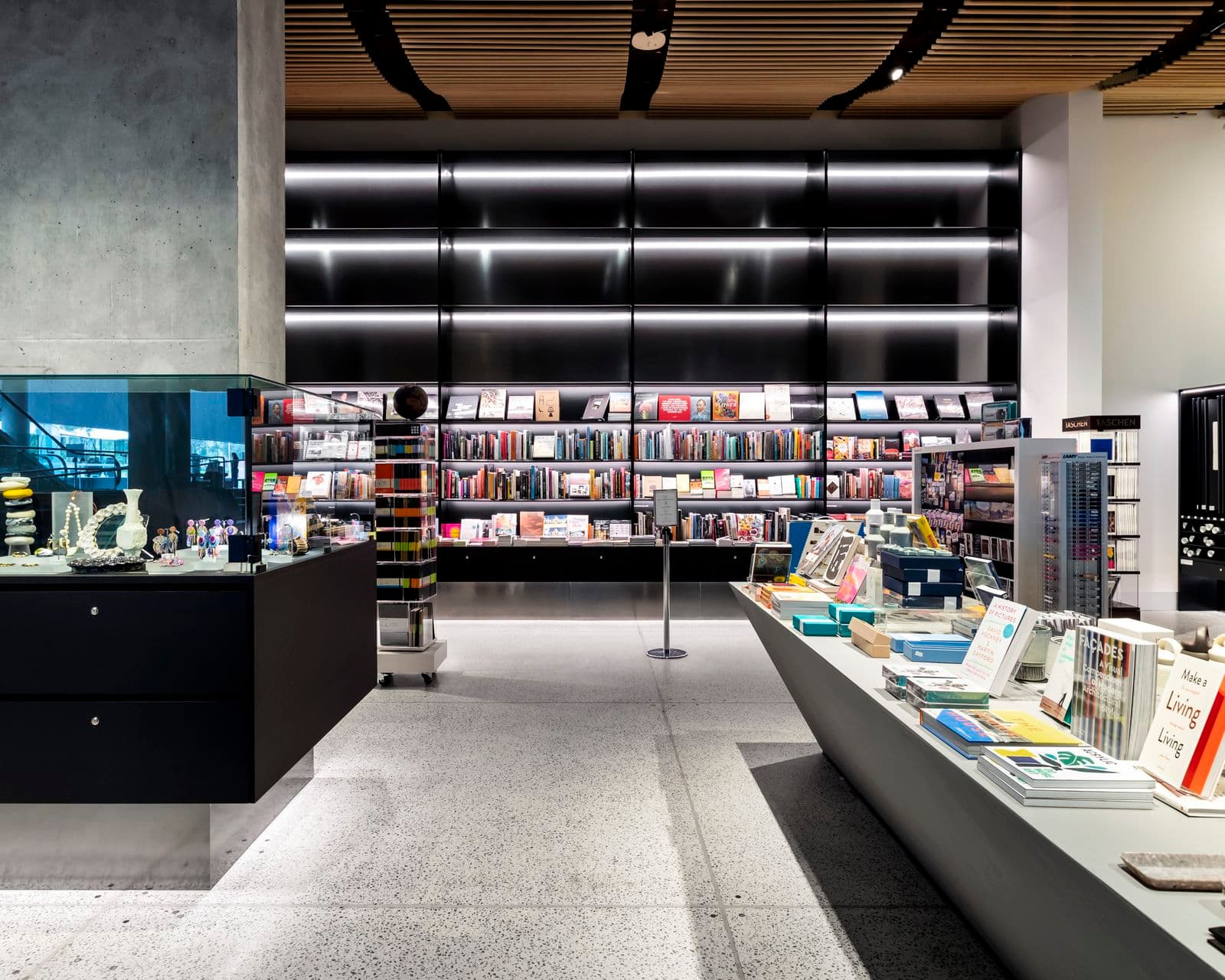 Photograph of art store aisle with products and shelving in view