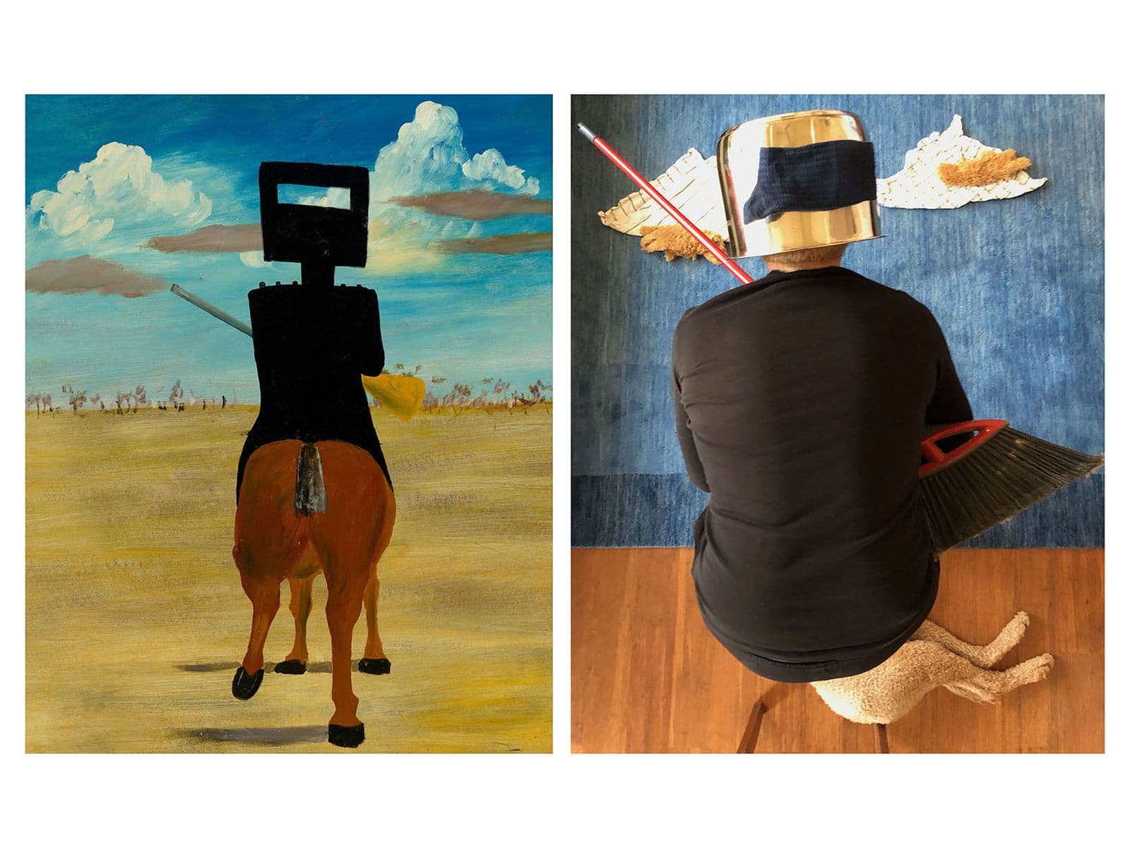 Two images. On the left is a figure in a square helmet riding a horse while the right attempts to recreate the image.