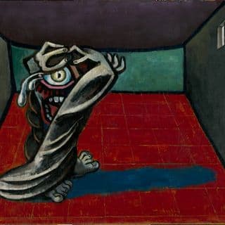 A painting of a grey possessed figure with large arms wrapped around a large eye and mouth, the figure in a room with a red floor, greyish green walls and a small window in the top right corner