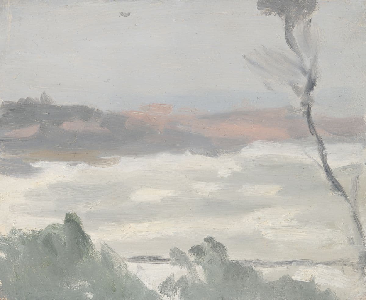 An abstract painting of a messy windy seascape.