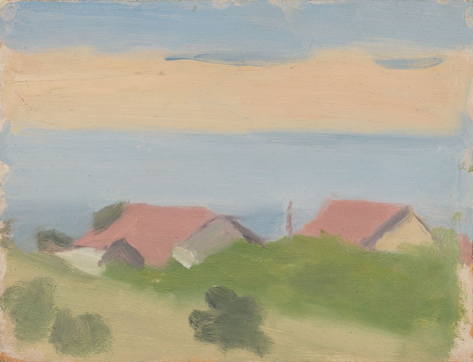 Small painting of a landscape featuring sky and the tops of houses