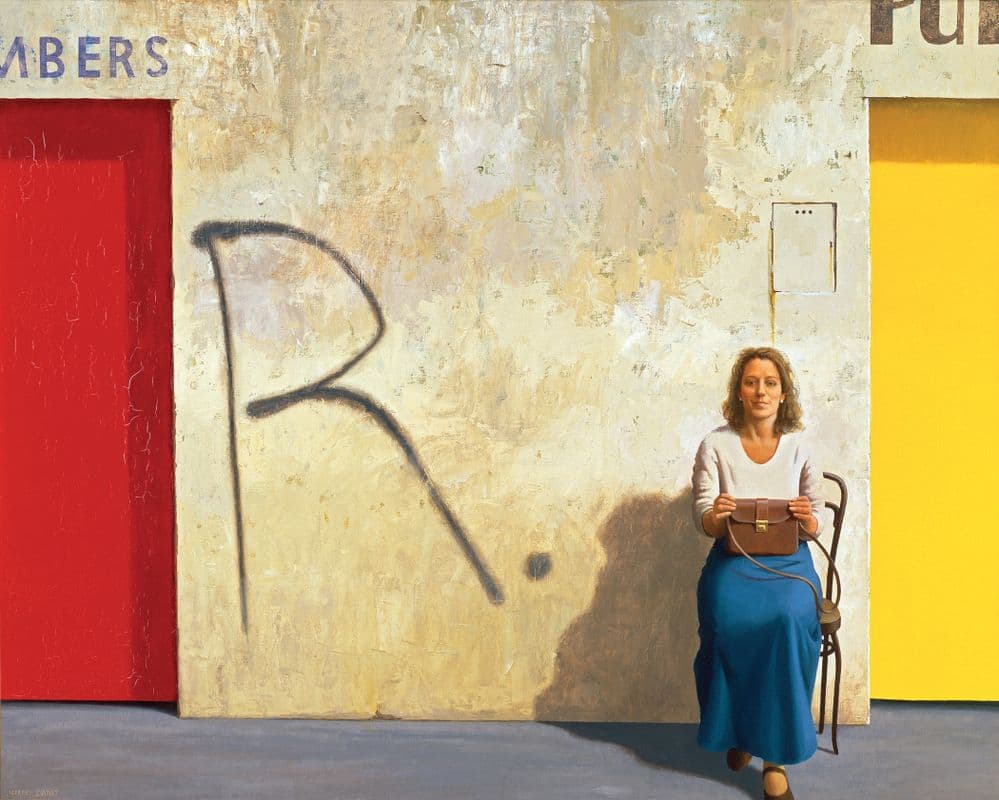 Painting of a woman sitting on a chair wearing a long blue skirt and white top, holding a brown handbag on her lap posed in front of a grungy cement wall with R. spray painted on the left. On the left of her a portion of a red door can be seen and on the right of her a portion of a yellow door can be seen
