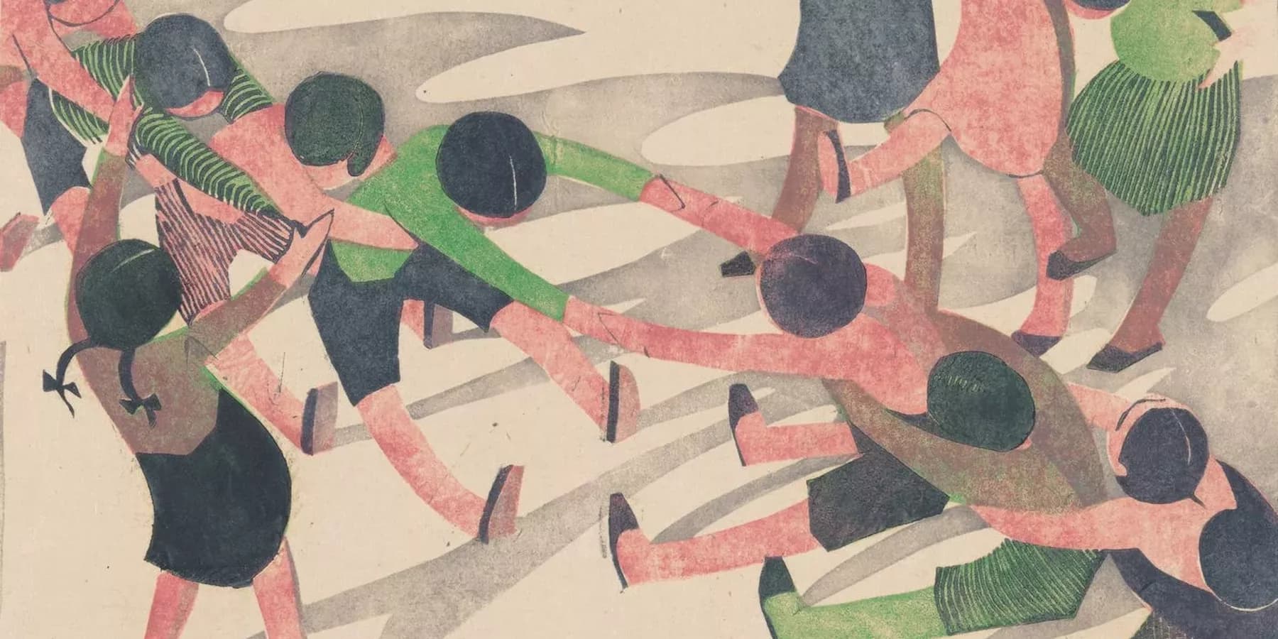 Print of children wearing green and black playing tug of war