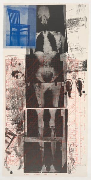 Large vertical print of a human skeleton. A blue chair overlaid in the top left hand corner.
