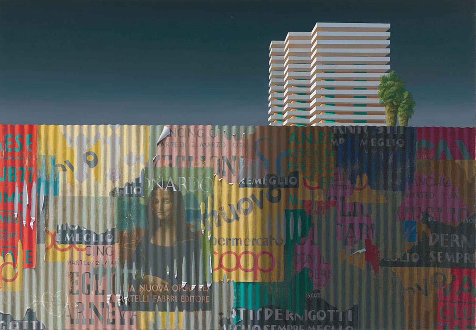 A painting depicting the Mona Lisa on a corrugated iron fence