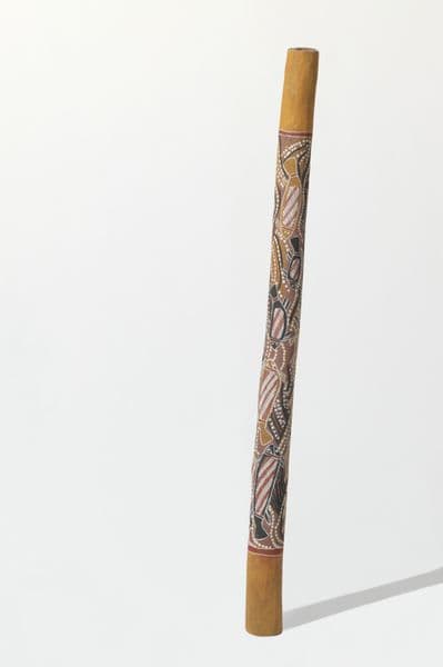 Tall traditional First Nations pole with red ochre, yellow, black and white Rifle fish imagery