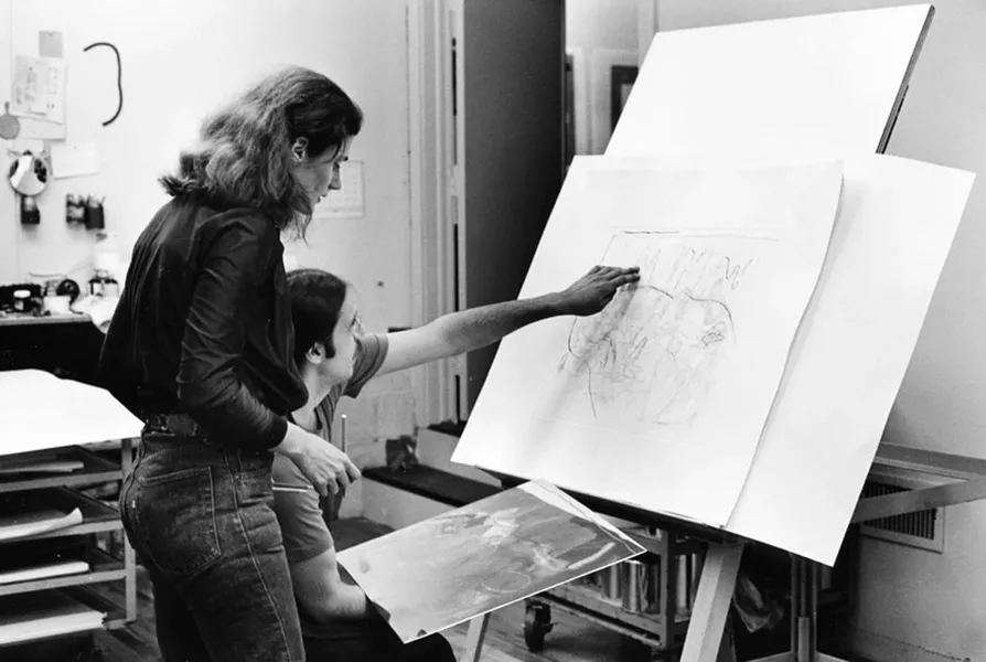 Rodney Konopaki comparing with Nancy Graves one of her newly printed proofs to the intaglio plate