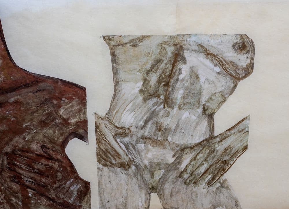 A detail of a painting where a woman clutches their stomach.