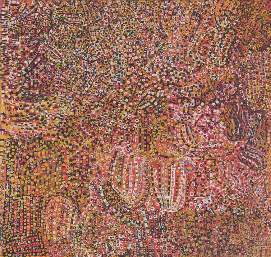 A dot painting with patterns in yellow, brown, black and white on a red background.