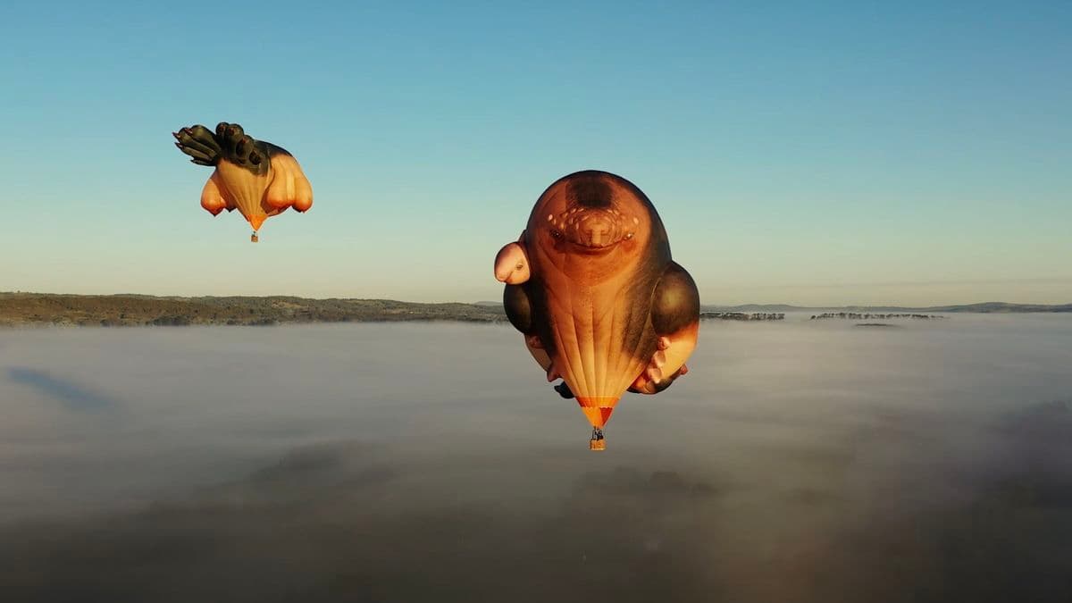 Video still of hot air balloons floating in sky.