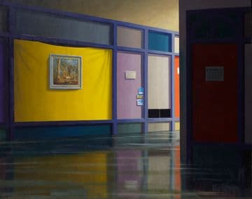 The painting of a closed art gallery with one painting hanging in the window, in an empty shopping mall.