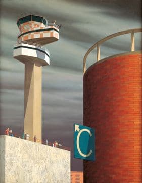 The edge of a large cylindrical brick tower is visible on the right hand side of the painting, with a bright sign hanging off it and pointing to the left. Behind this rises a control tower. A small number of people are standing across the base of the tower about a third of the way up the painting.