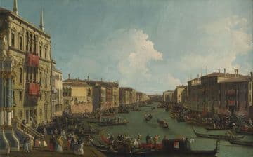 Oil painting of gondolas racing in the centre of a crowded canal lined with buildings and people.