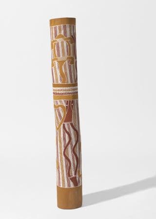 Wide pole with yellow ochre, red ochre, and white cross hatch patterning and animal imagery