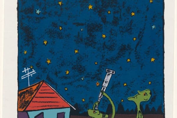 A print of two green figures pointing a telescope up at the night sky