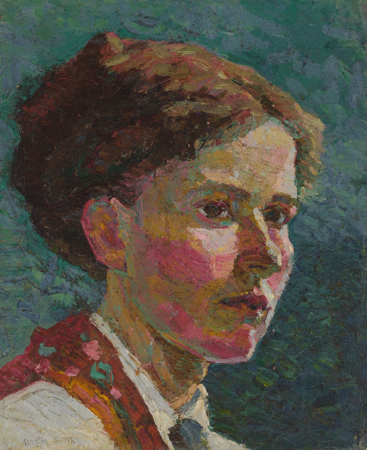 An abstract image of a woman's side profile, she has brown hair and is wearing a decorative garment