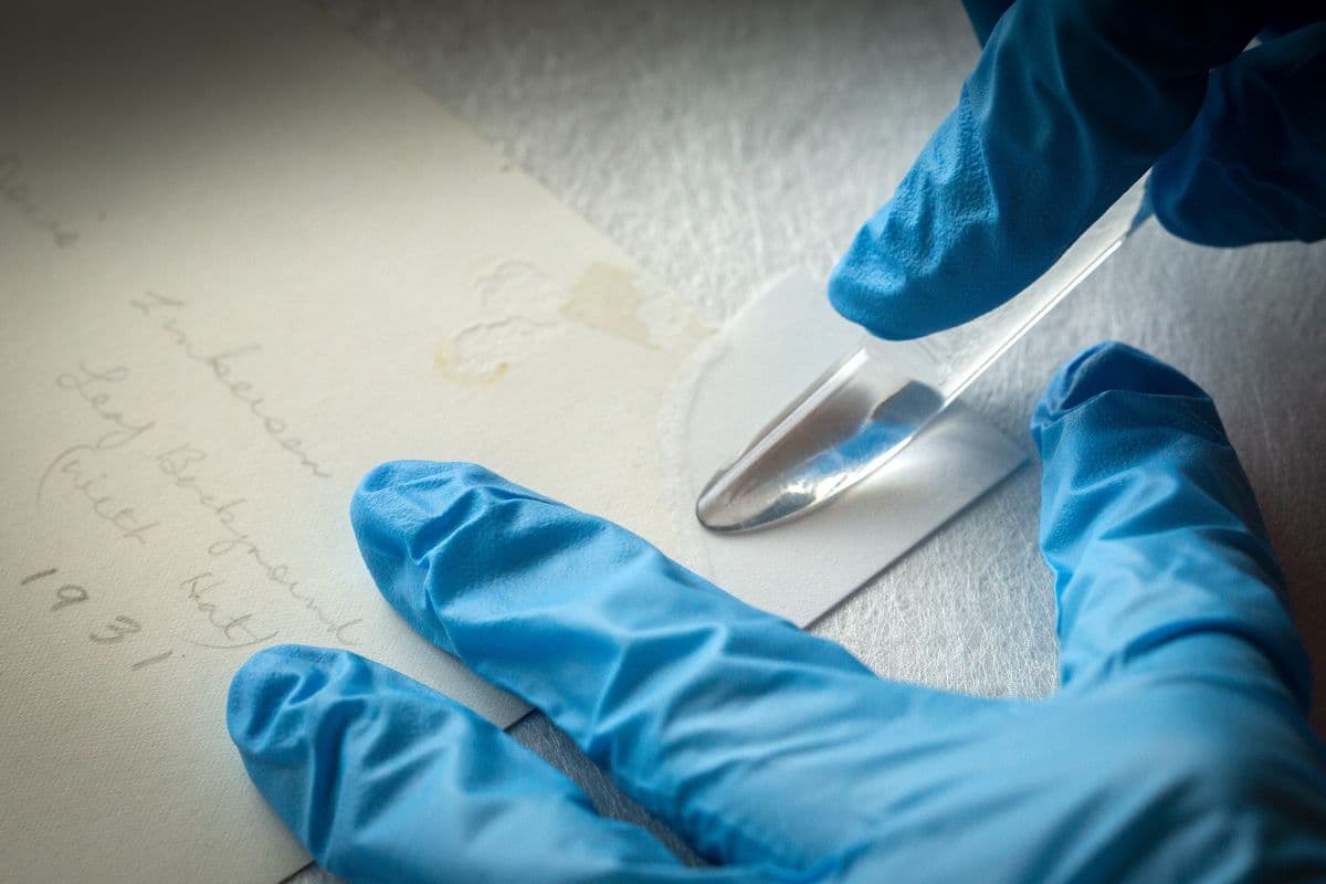 A clear instrument traces a torn corner