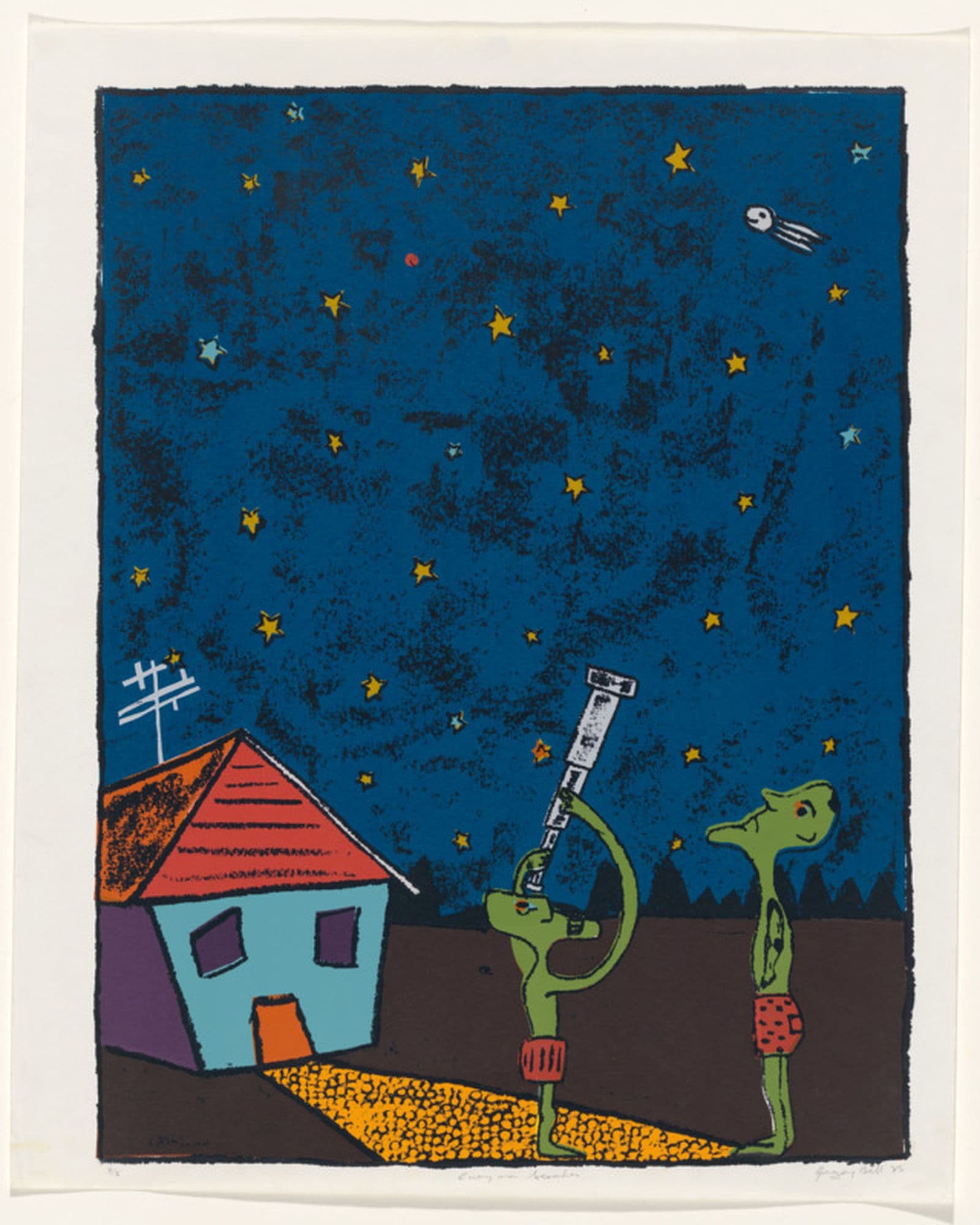 A print of two green figures pointing a telescope up at the night sky