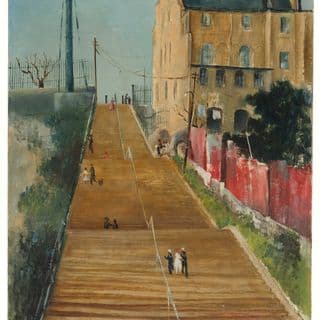 Painting of people walking up a staircase outside next to buildings.