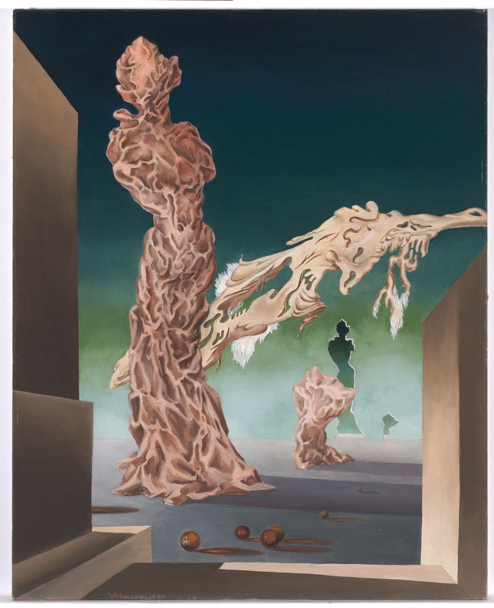 Surrealist Painting of woman figure between block shapes