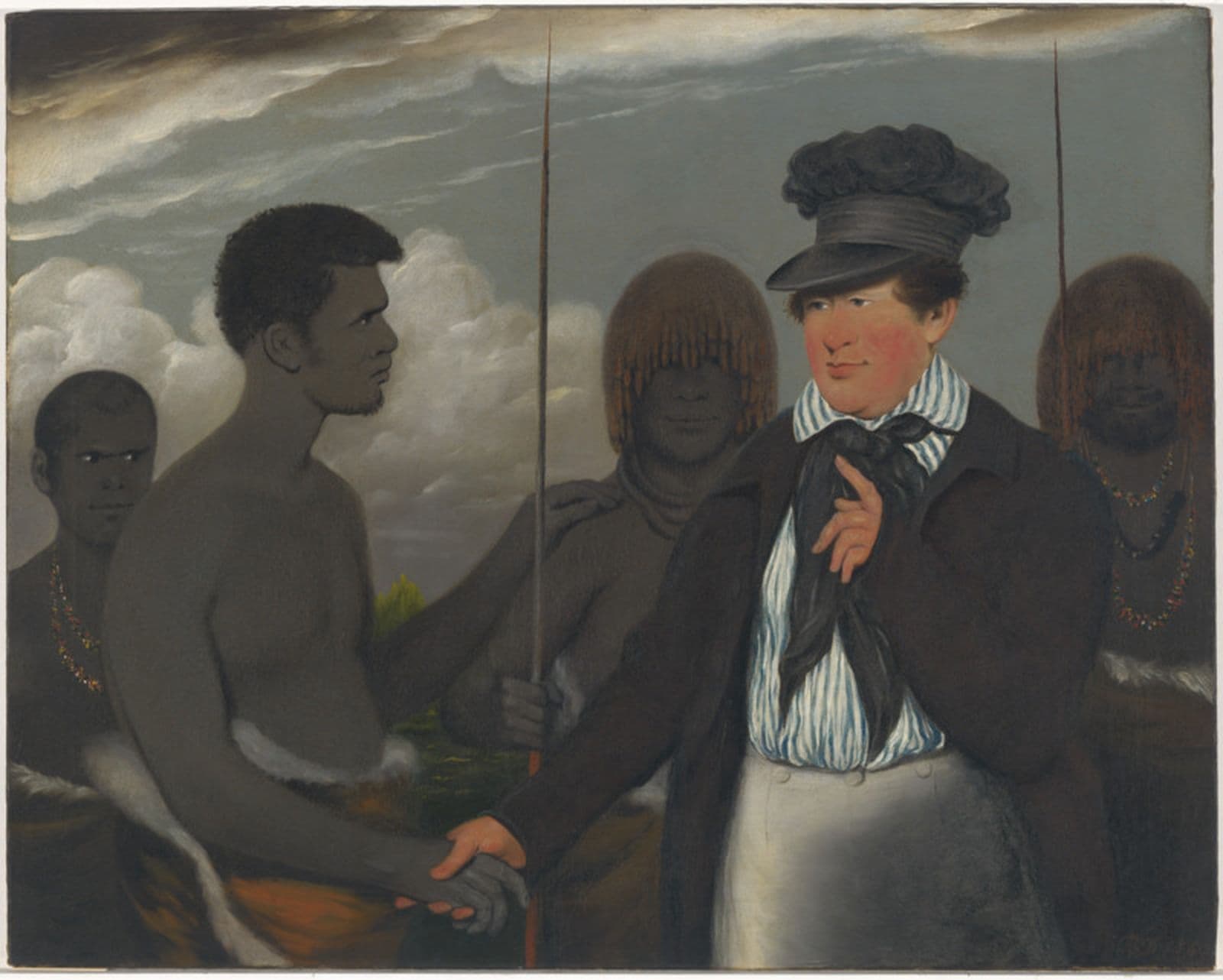 A painting of a white man greeting a group of Indigenous Australian men.